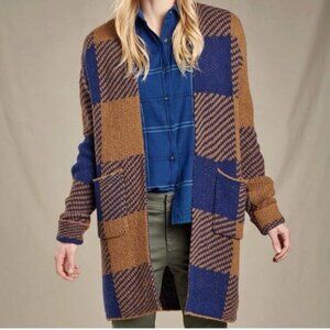 Toad&Co Cabin Fever Cardigan Size Medium Honey Navy Blue Tan Plaid‎ Wool Blend